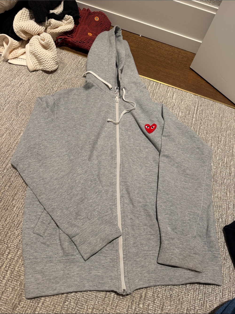 Comme des Garcons Play Gray Zip Hoodie with Red Heart Patch